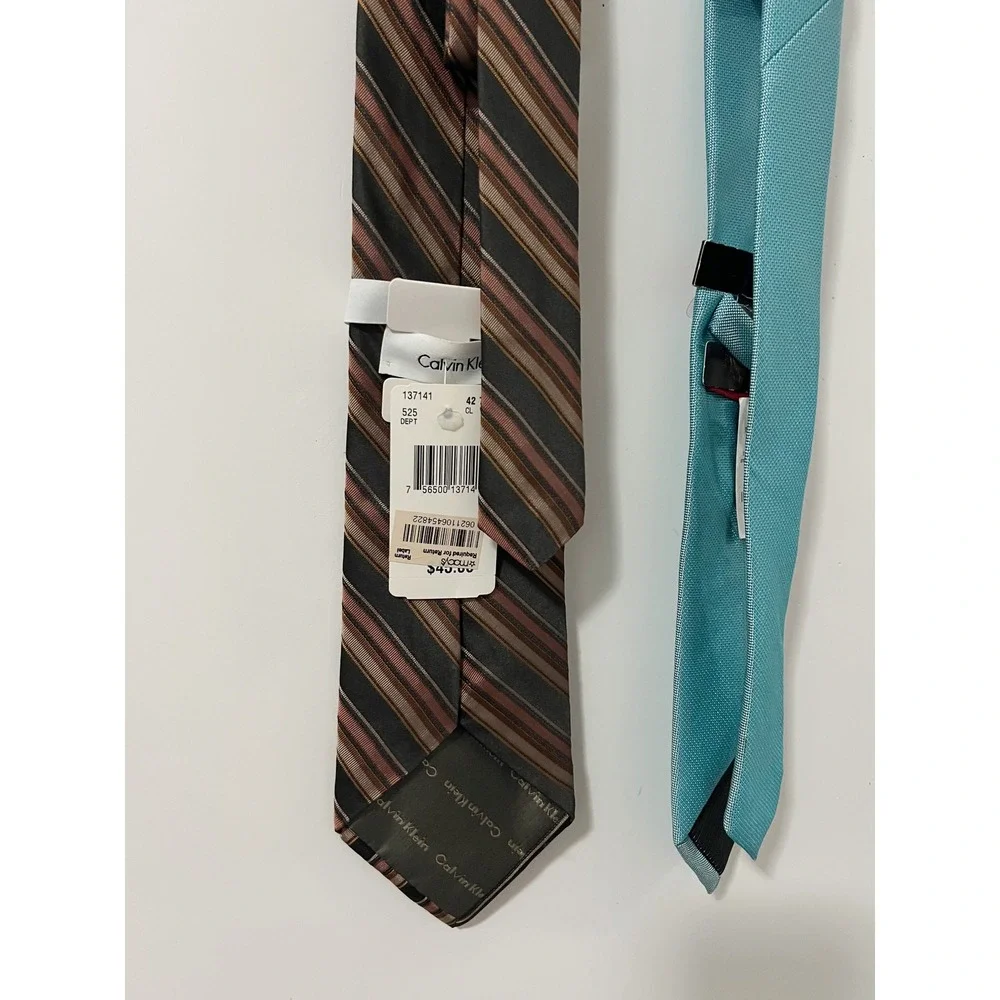 Calvin Klein & Alfani Mens Necktie Bundle Silk Striped Brown Mint Blue 2 Pack